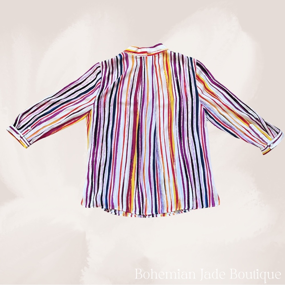 Investments Women’s Colorful Striped Button Up Blouse 3/4 Sleeves- Size Small - Picture 2 of 5